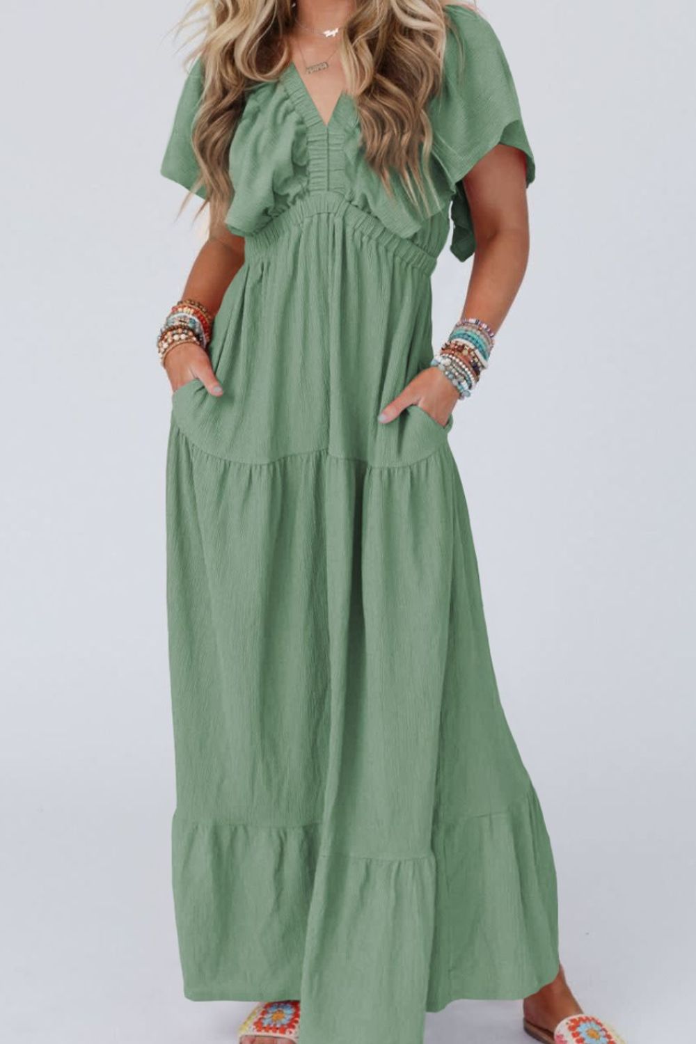 Ruffled V Neck Flutter Sleeve Maxi Dress