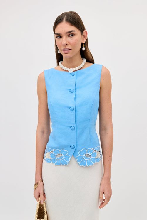 Lucca - Daisy Cutwork Embroidery Blue