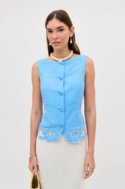 Lucca - Daisy Cutwork Embroidery Blue