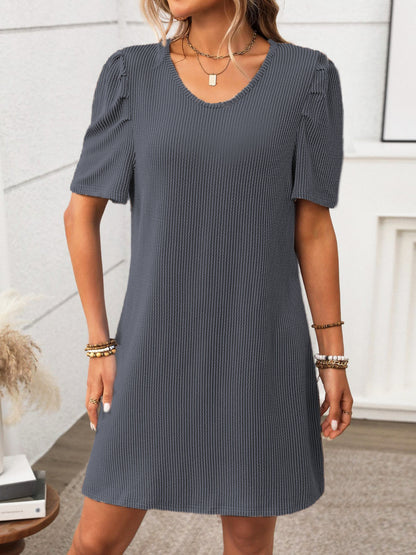 Textured Round Neck Short Sleeve Mini Dress
