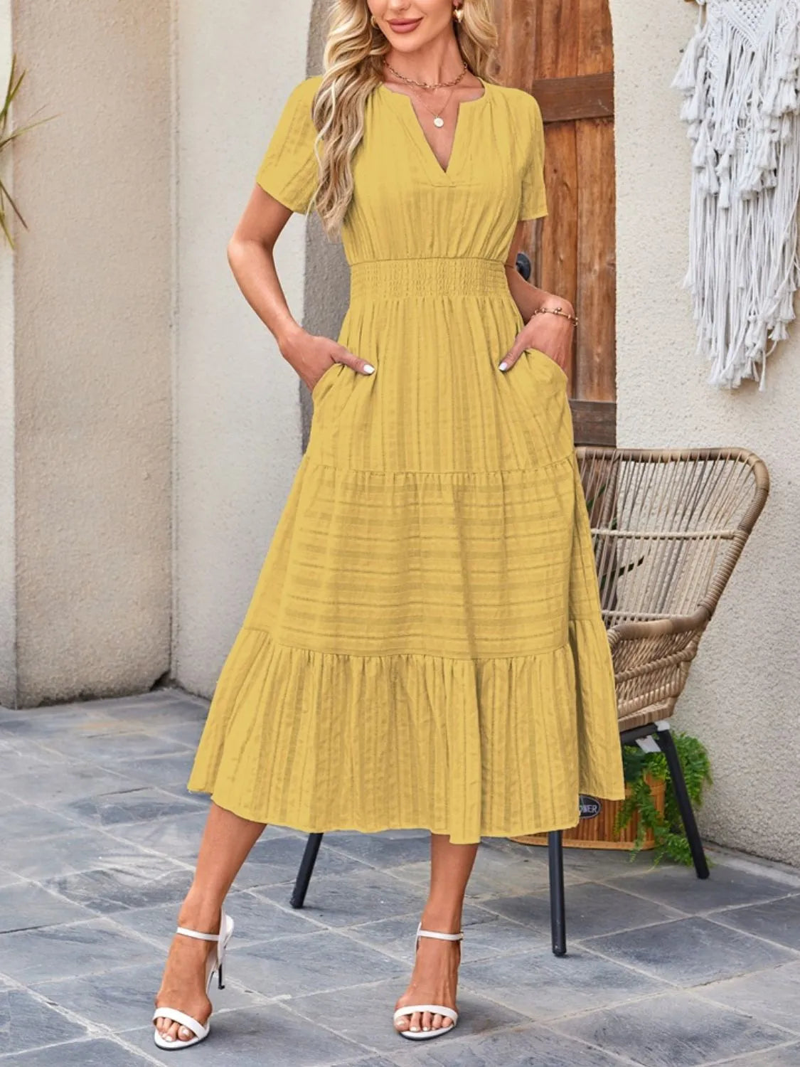 Tiered Notched Short Sleeve Dress