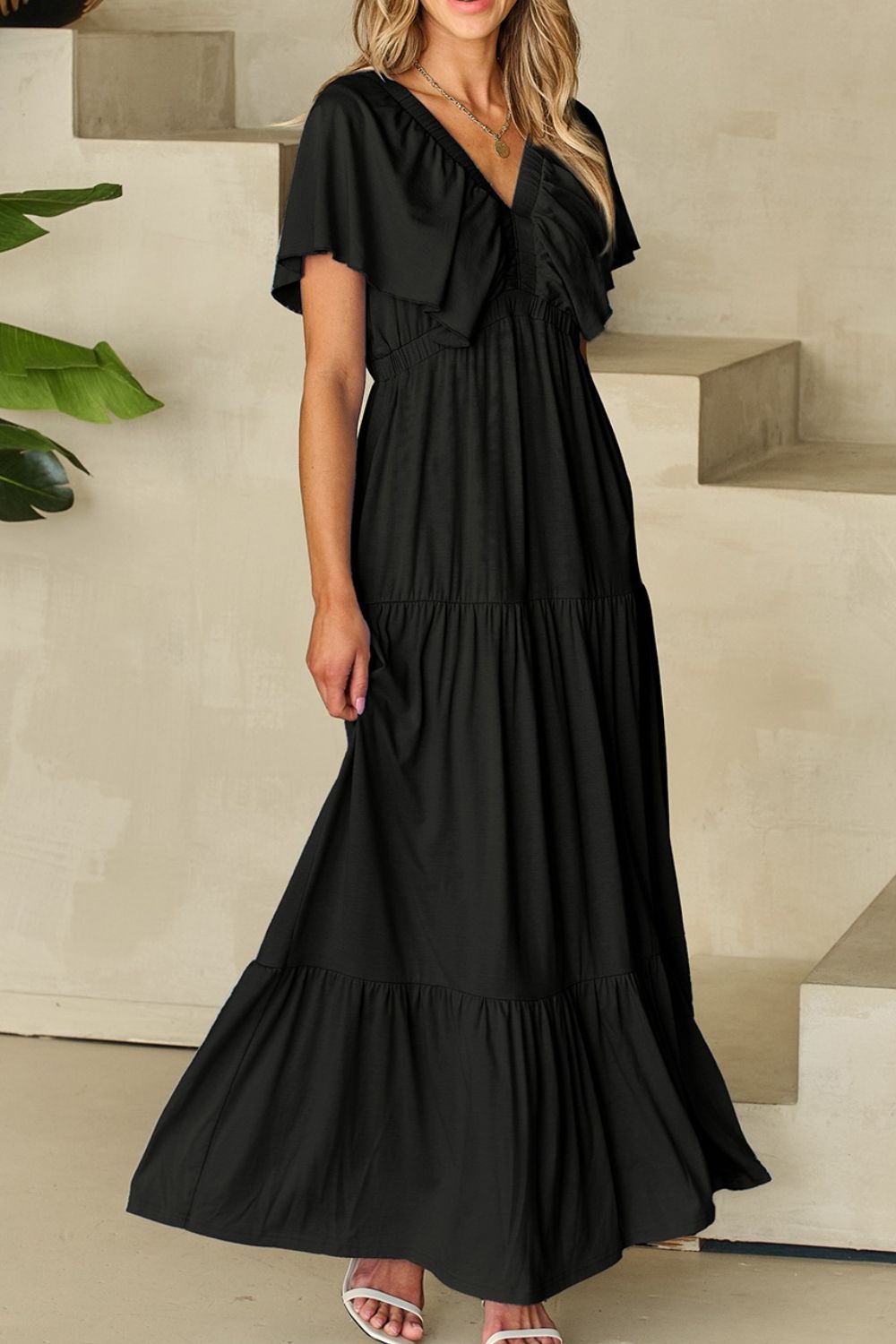 Ruffled V Neck Flutter Sleeve Maxi Dress
