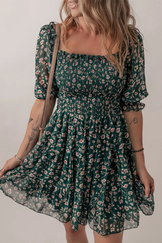 Smocked Square Neck Puff Short Sleeve Floral Dress