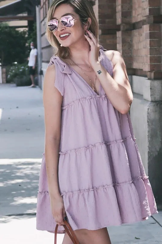 And The Why Polka Dot Textured Layered Flounce Ruffle Dress