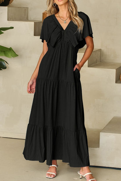 Ruffled V Neck Flutter Sleeve Maxi Dress