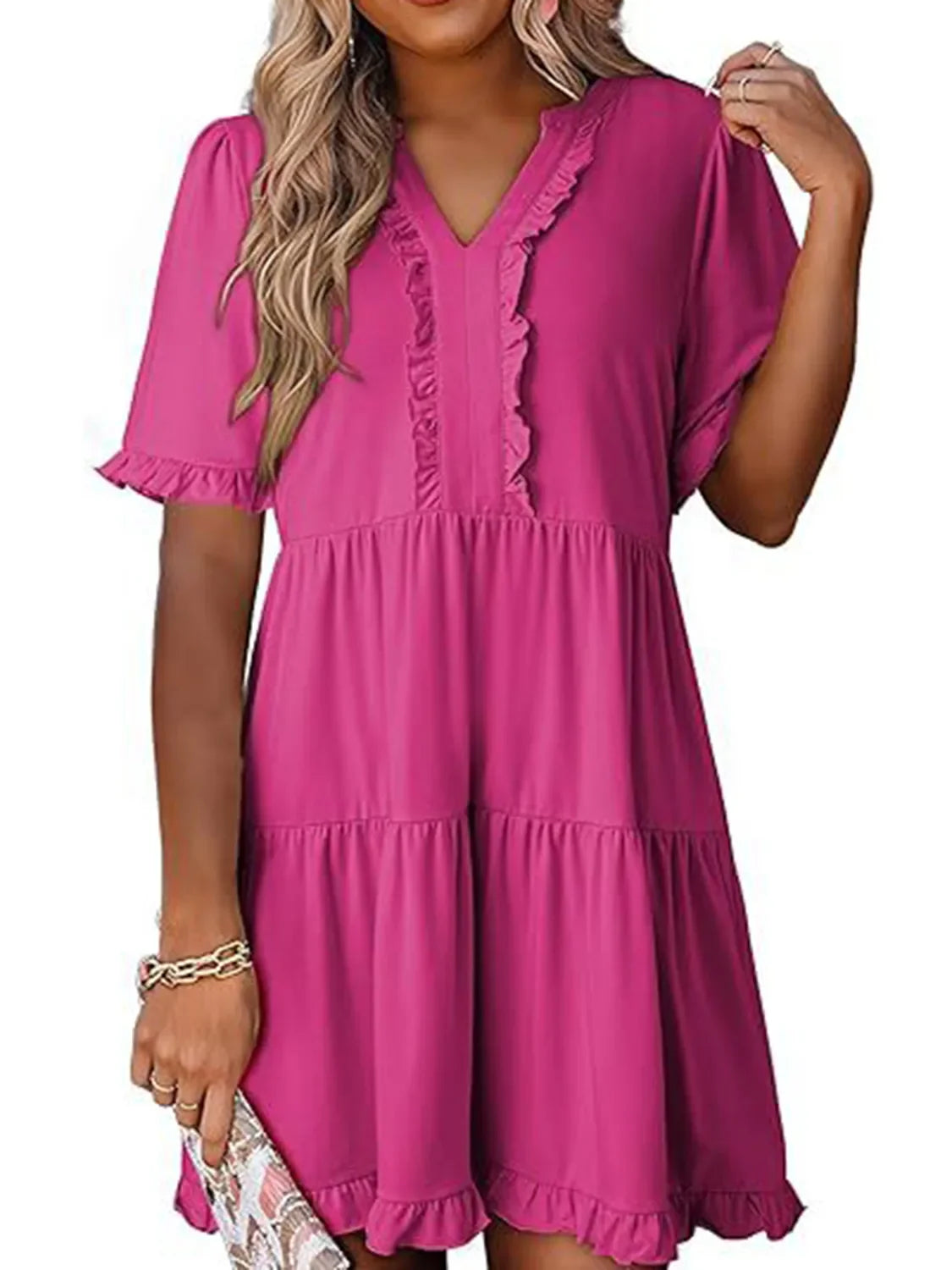 Tiered Notched Short Sleeve Mini Dress