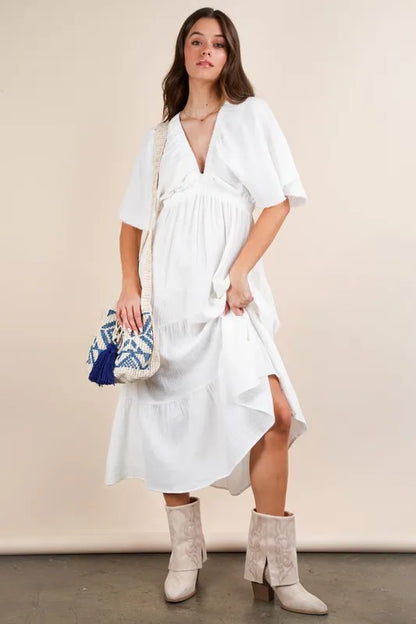 VERY J Mineral Washed Elastic Neck Detail Midi Dress