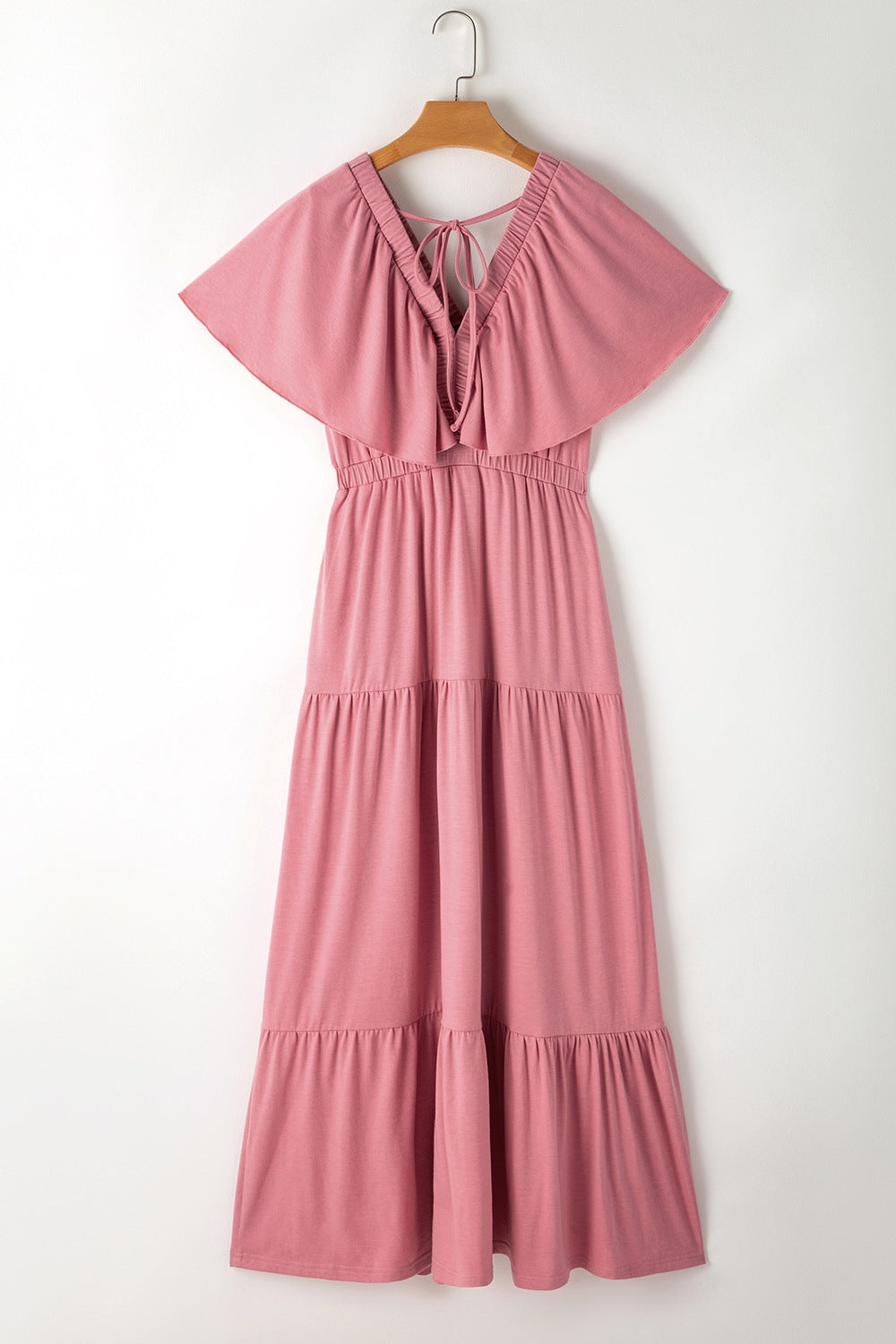 Ruffled V Neck Flutter Sleeve Maxi Dress