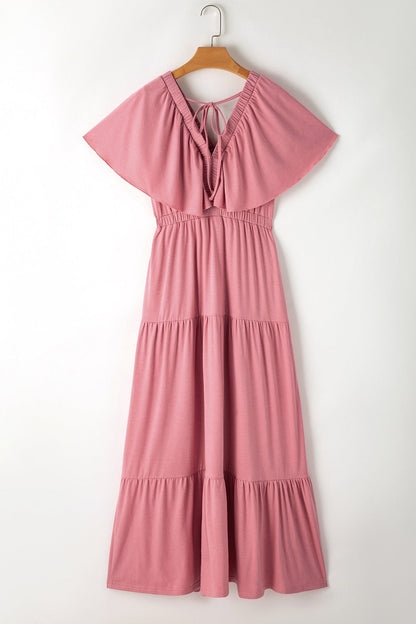 Ruffled V Neck Flutter Sleeve Maxi Dress