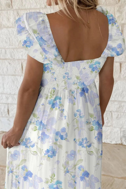 Floral Smocked High Waist Double Ruffle Sleeveless Long Dress