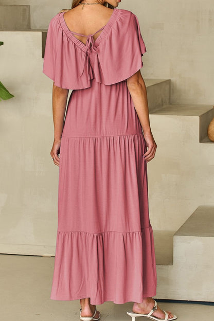 Ruffled V Neck Flutter Sleeve Maxi Dress