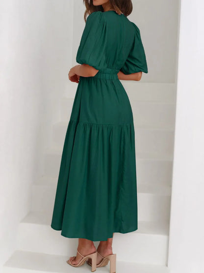 V-Neck Puff Sleeve Midi Dress