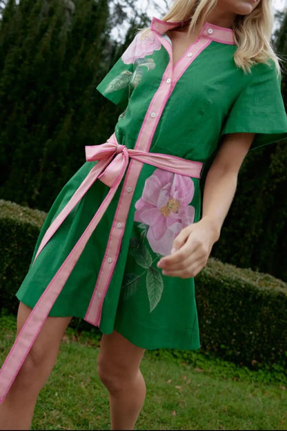 Printed Tie Waist Short Sleeve Dress