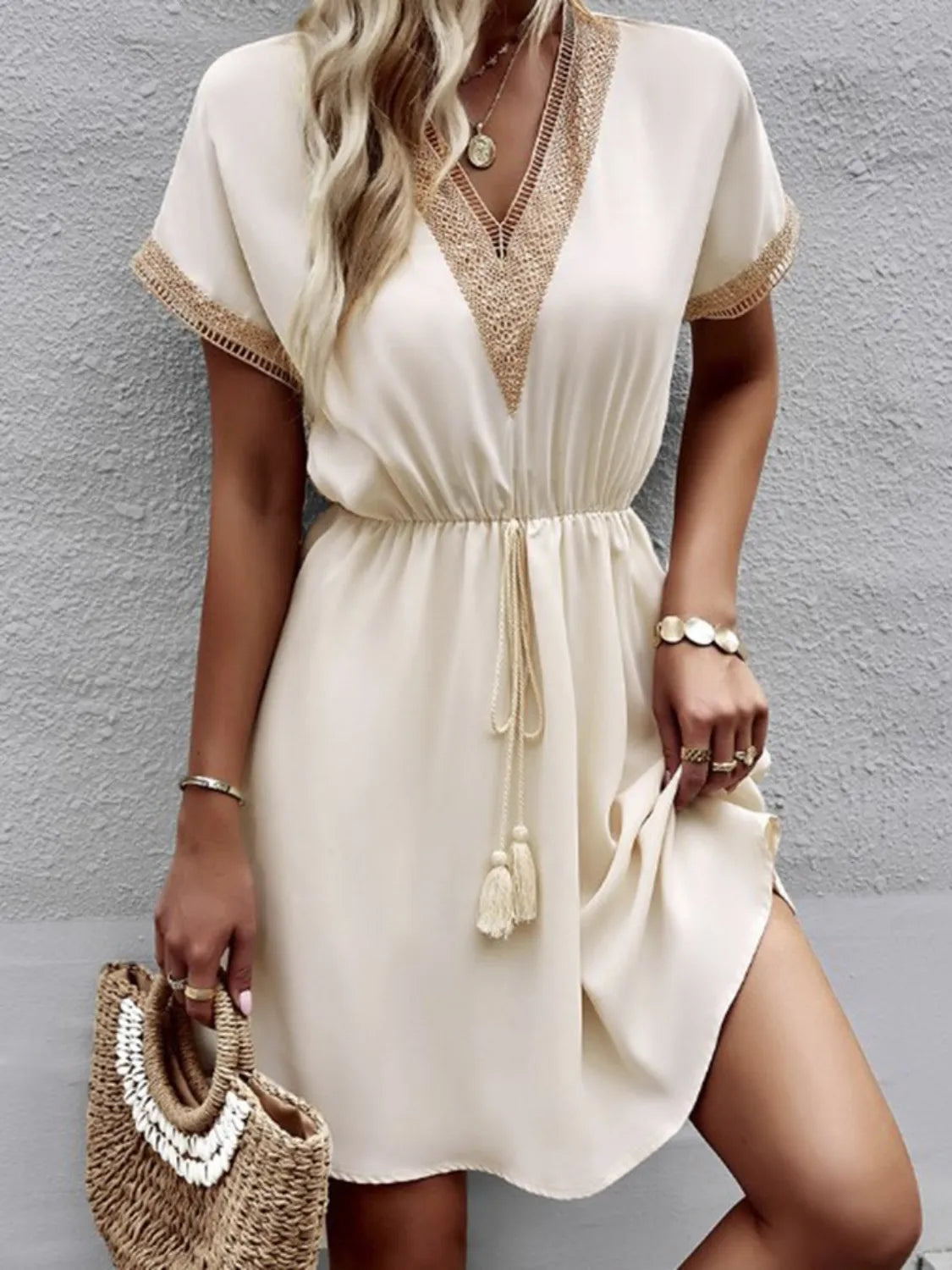 Full Size Tassel V-Neck Short Sleeve Dress Plus Size