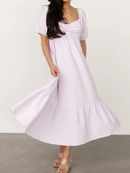 Striped Sweetheart Neck Puff Sleeve Midi Dress