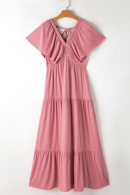 Ruffled V Neck Flutter Sleeve Maxi Dress