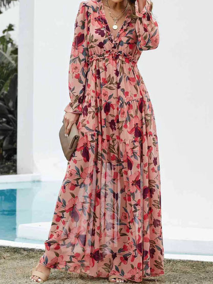 Frill Printed V-Neck Flounce Sleeve Dress