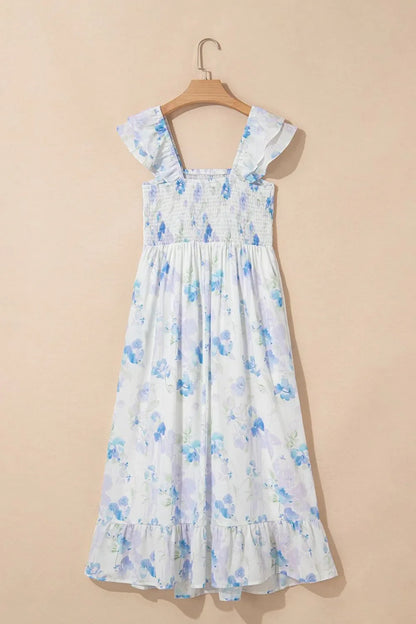 Floral Smocked High Waist Double Ruffle Sleeveless Long Dress