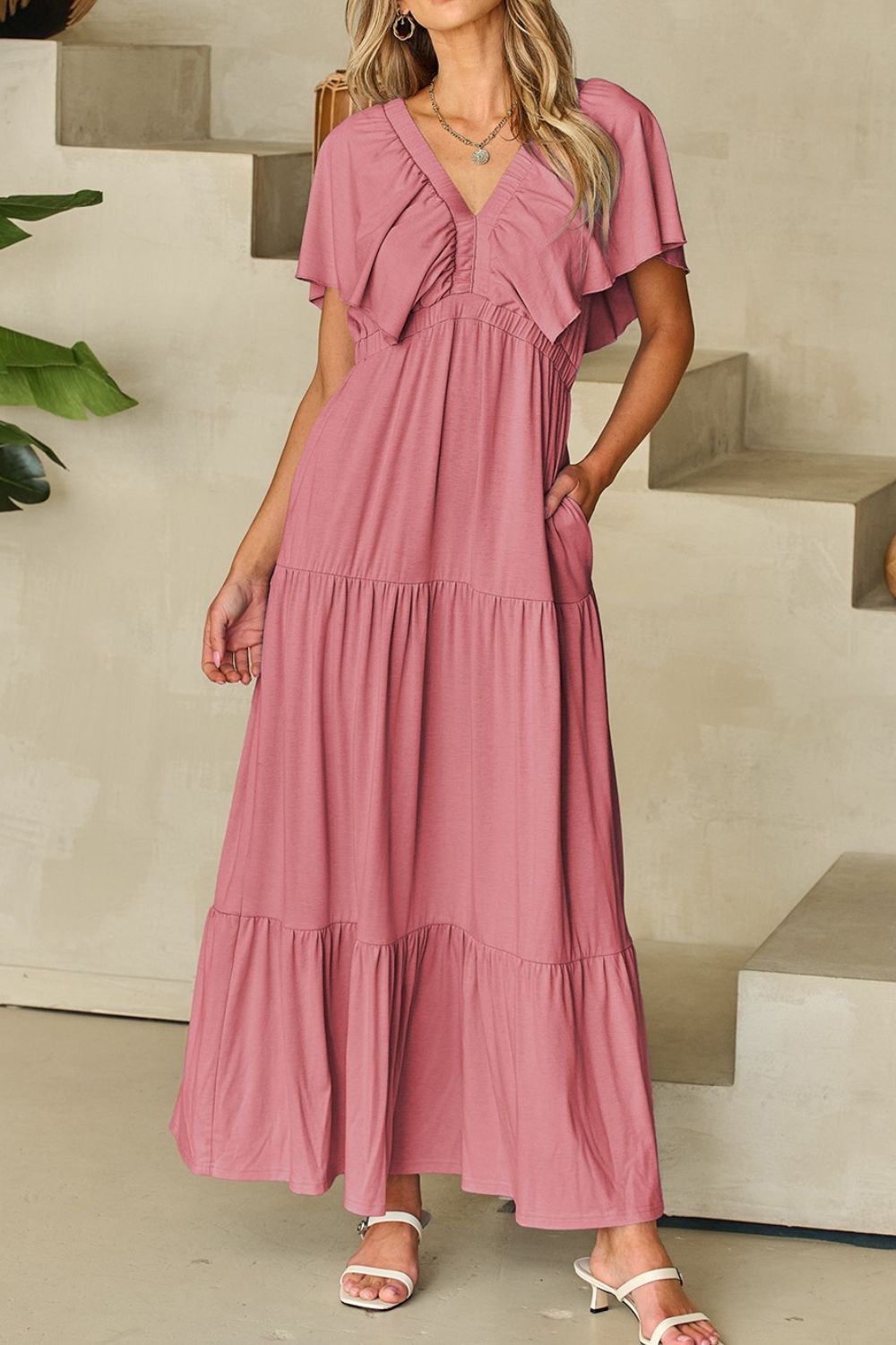 Ruffled V Neck Flutter Sleeve Maxi Dress