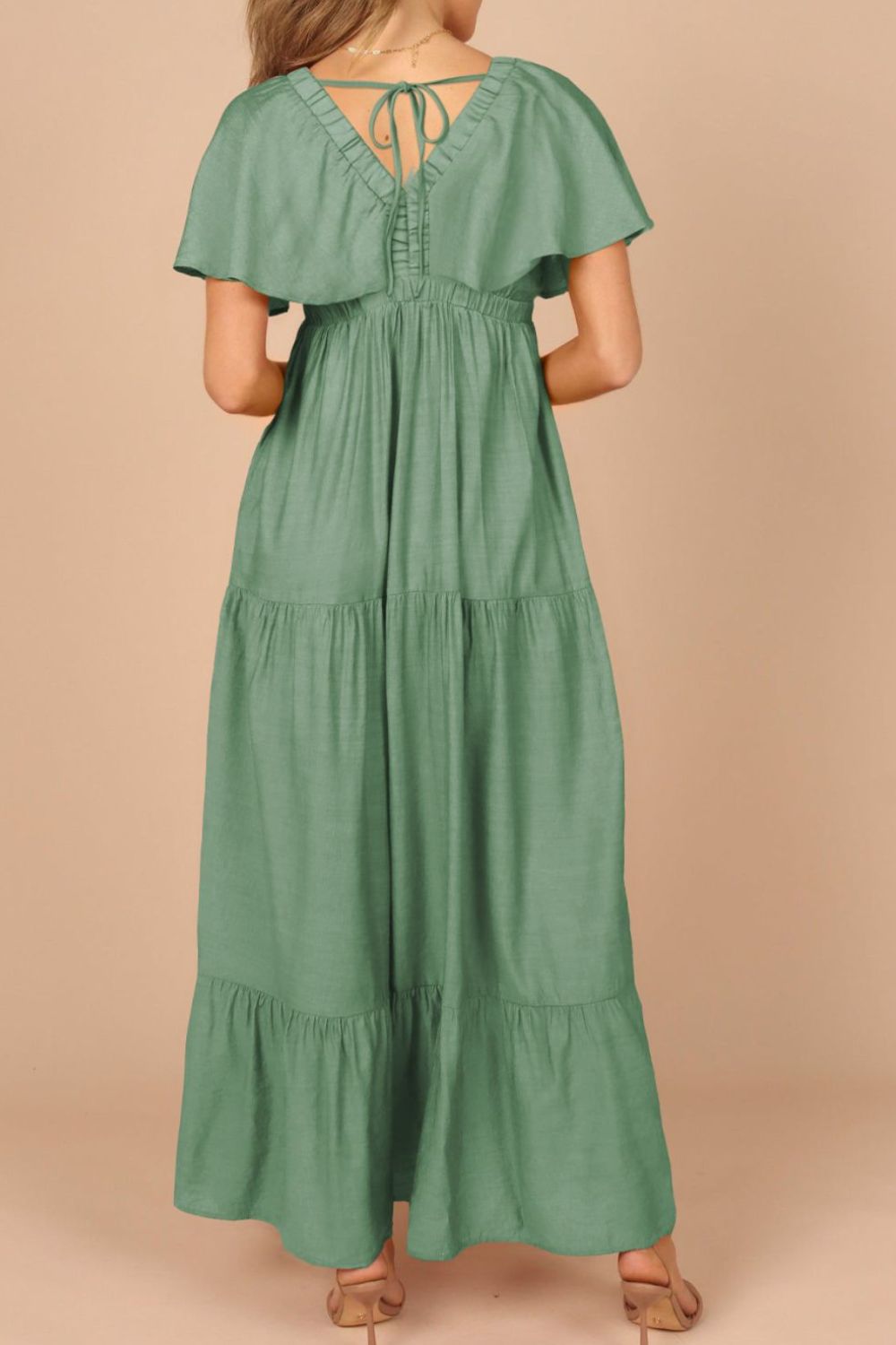 Ruffled V Neck Flutter Sleeve Maxi Dress
