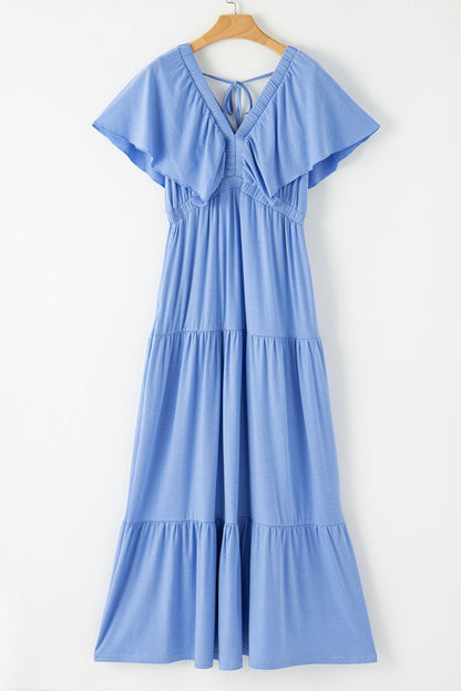 Ruffled V Neck Flutter Sleeve Maxi Dress