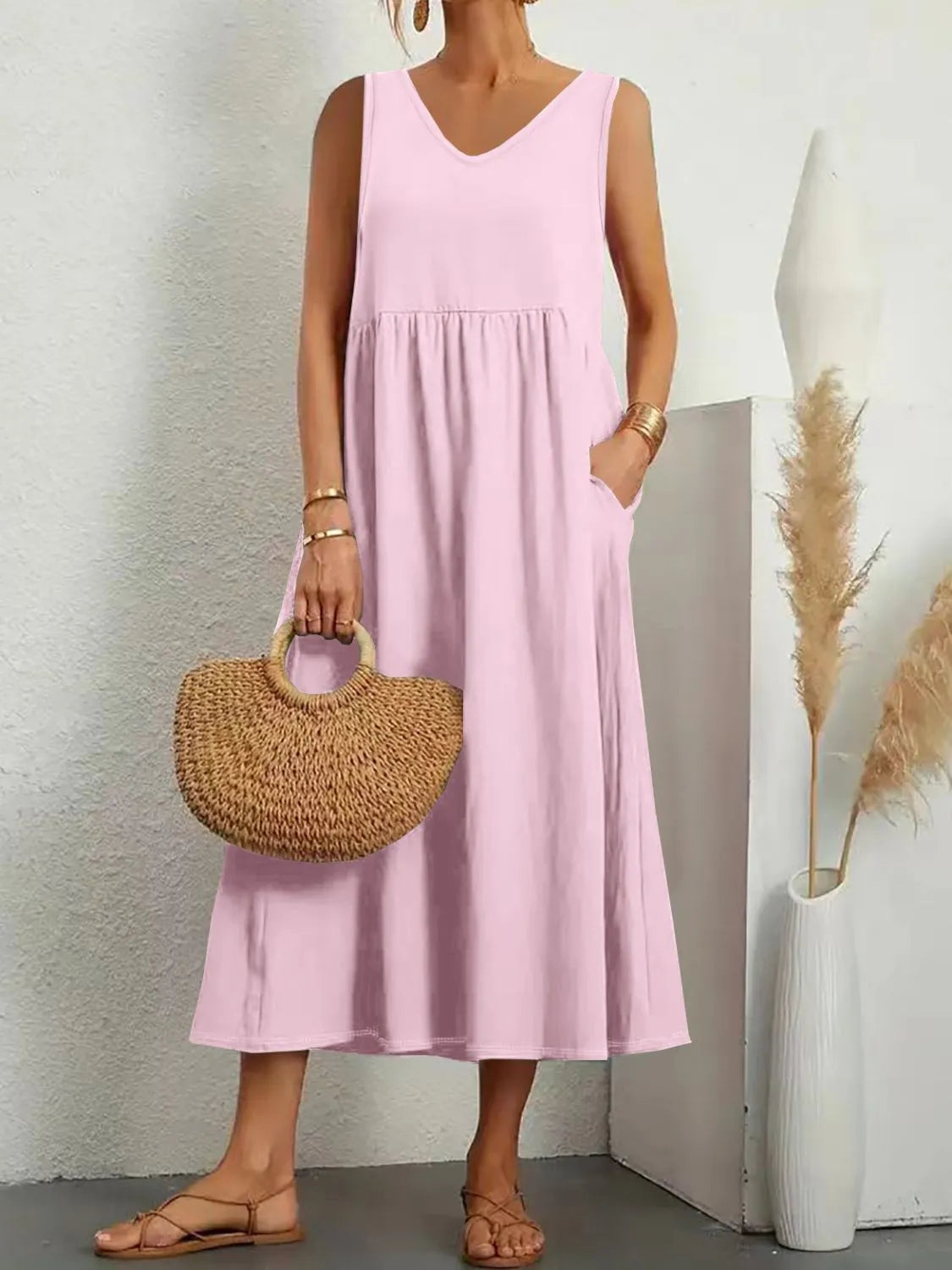Full Size V-Neck Sleeveless Dress with Pockets Plus Size