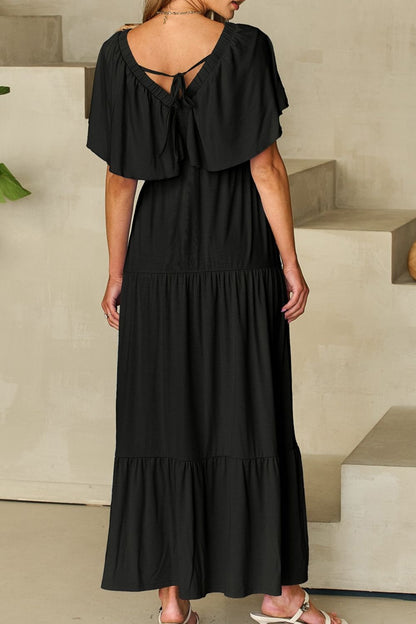 Ruffled V Neck Flutter Sleeve Maxi Dress