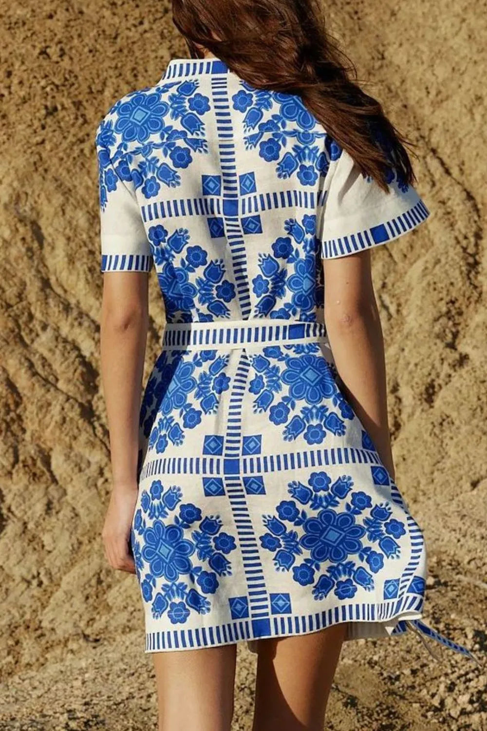 Printed Tie Waist Short Sleeve Dress