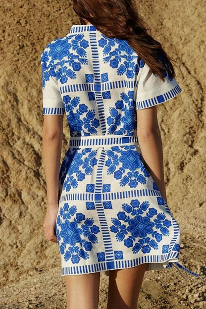 Printed Tie Waist Short Sleeve Dress