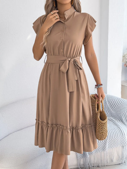 Tie Waist Ruffled Cap Sleeve Dress