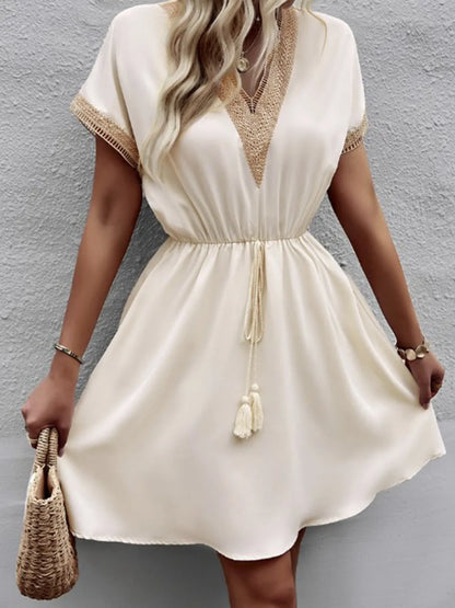 Full Size Tassel V-Neck Short Sleeve Dress Plus Size