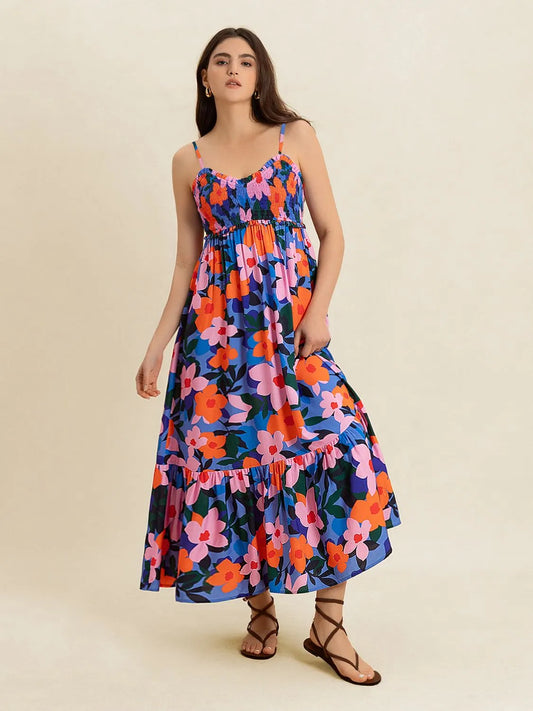 Smocked Back Ruffled Hem Printed Cami Dress