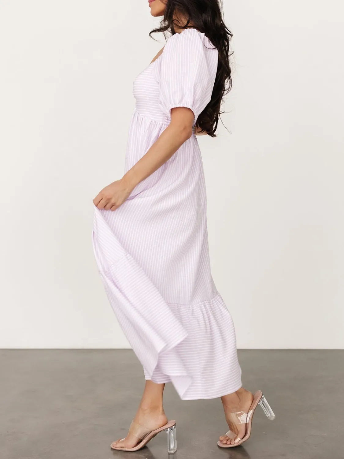 Striped Sweetheart Neck Puff Sleeve Midi Dress