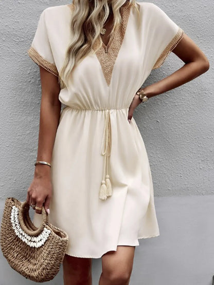 Full Size Tassel V-Neck Short Sleeve Dress Plus Size