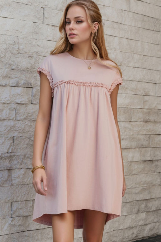 Frilled Trim Crew Neck Cap Sleeve Loose Fit Mini Dress