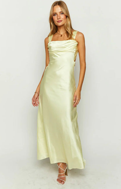 Laria Yellow Satin Formal Maxi Dress