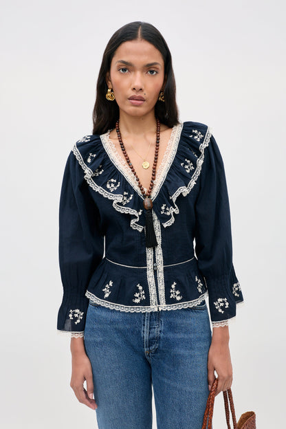 solene top flower trail embroidery navy