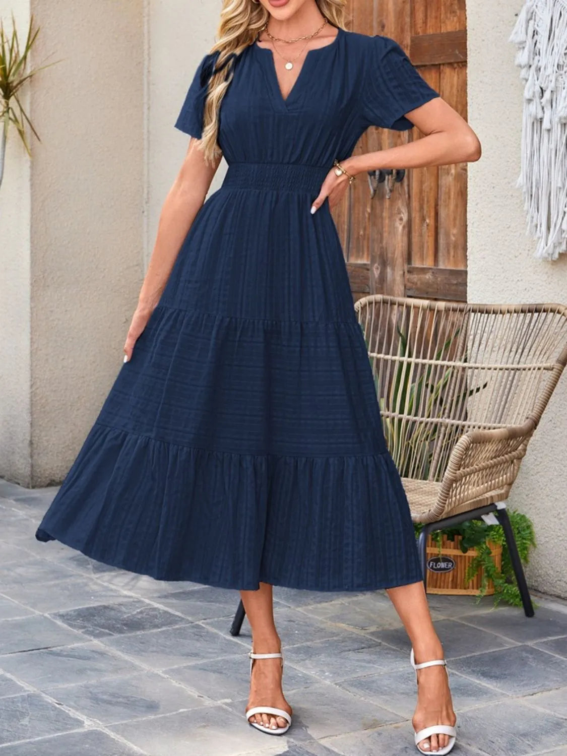 Tiered Notched Short Sleeve Dress