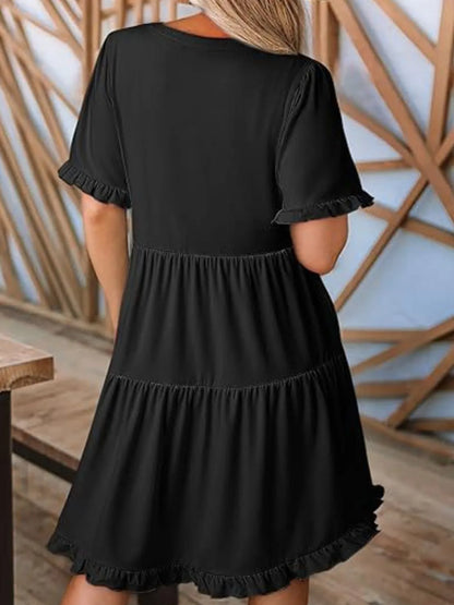 Tiered Notched Short Sleeve Mini Dress