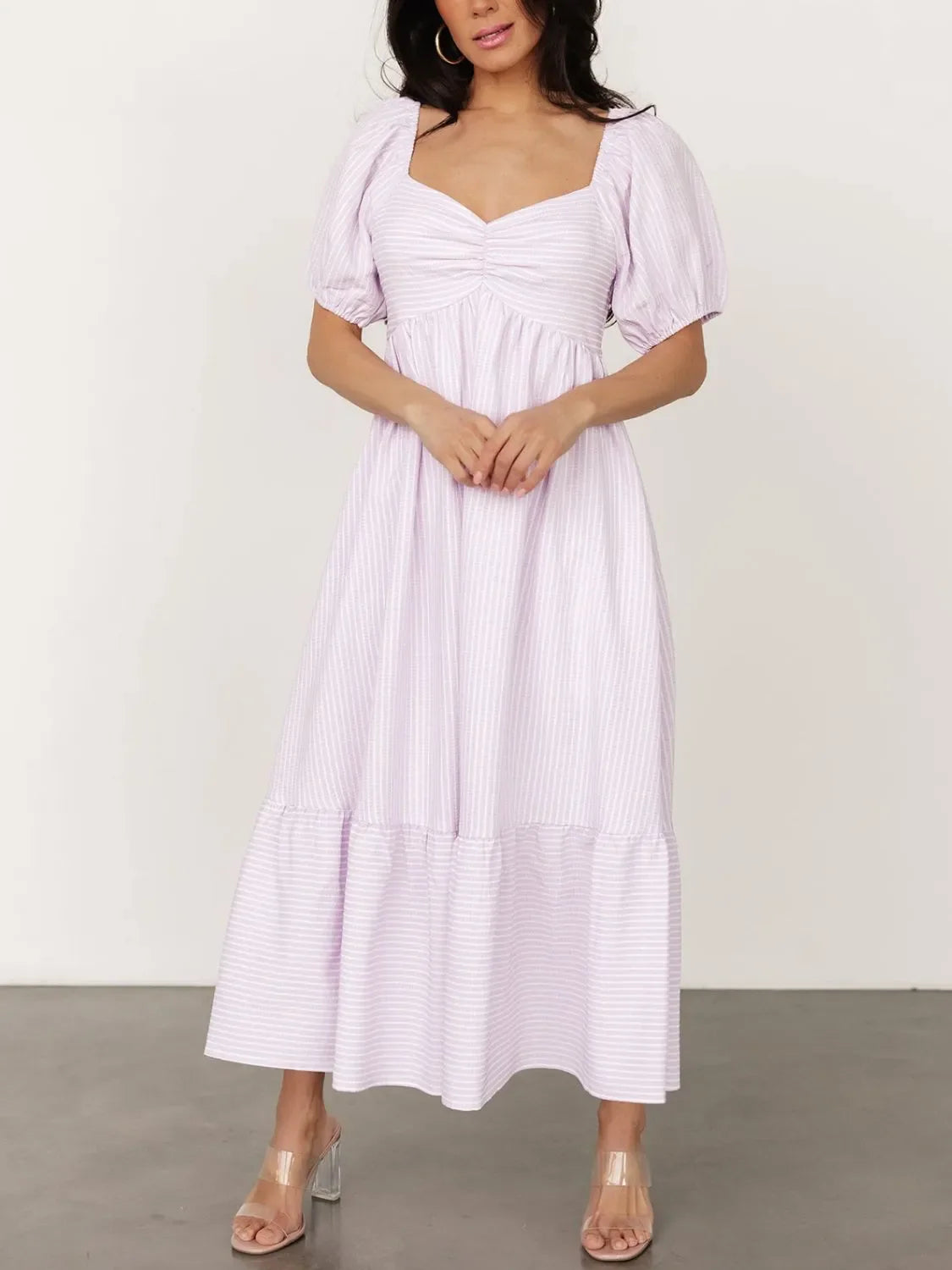 Striped Sweetheart Neck Puff Sleeve Midi Dress
