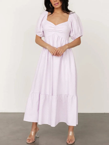 Striped Sweetheart Neck Puff Sleeve Midi Dress