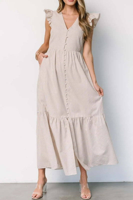 Slit Striped V-Neck Ruffled Cap Sleeve Dress