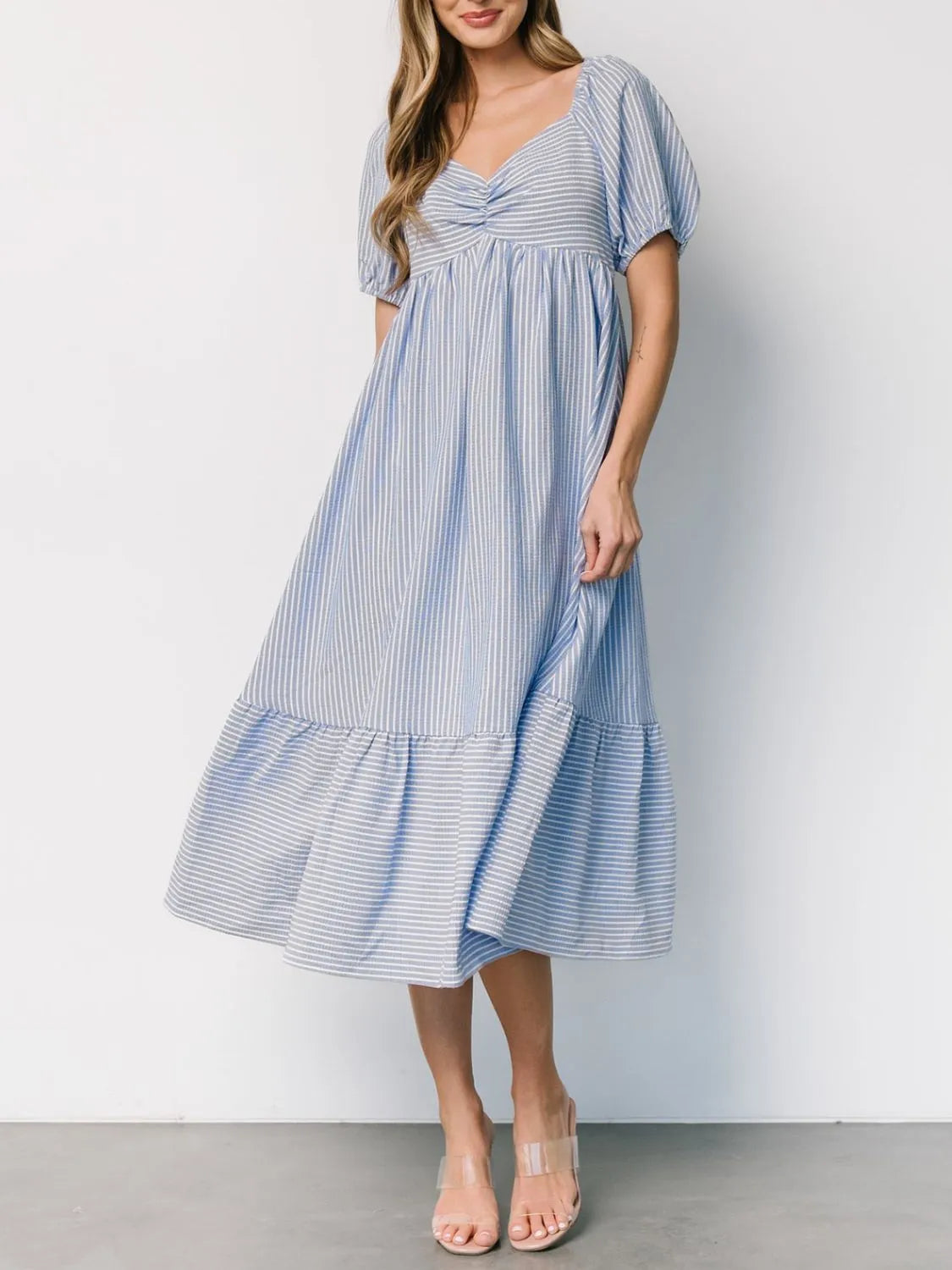 Striped Sweetheart Neck Puff Sleeve Midi Dress