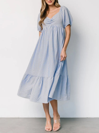 Striped Sweetheart Neck Puff Sleeve Midi Dress