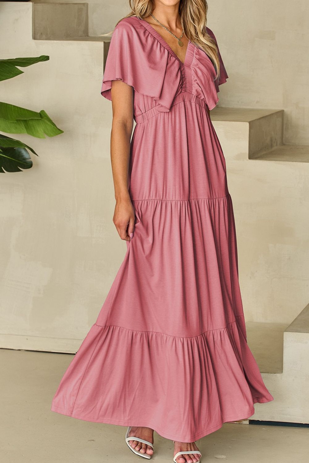 Ruffled V Neck Flutter Sleeve Maxi Dress