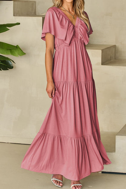 Ruffled V Neck Flutter Sleeve Maxi Dress