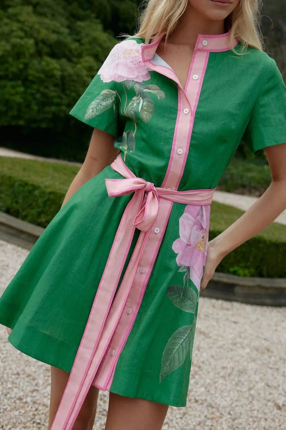 Printed Tie Waist Short Sleeve Dress