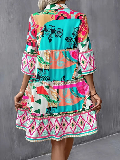 Printed Notched 3/4 Sleeve Tiered Dress