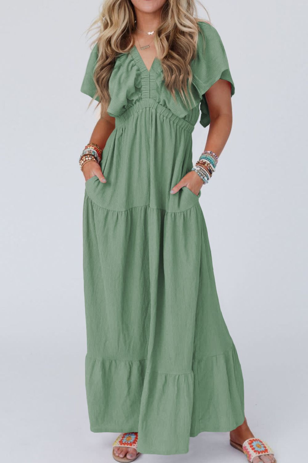 Ruffled V Neck Flutter Sleeve Maxi Dress
