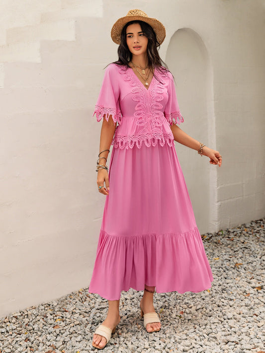Lace Detail V-Neck Half Sleeve Midi Dress